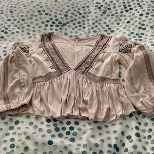 Free People Dusty Blush/Tan Embroidered Peasant Blouse